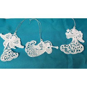 Lot of 3 Christmas Tree Ornaments Angels Machine Embroidered FSL White 5"